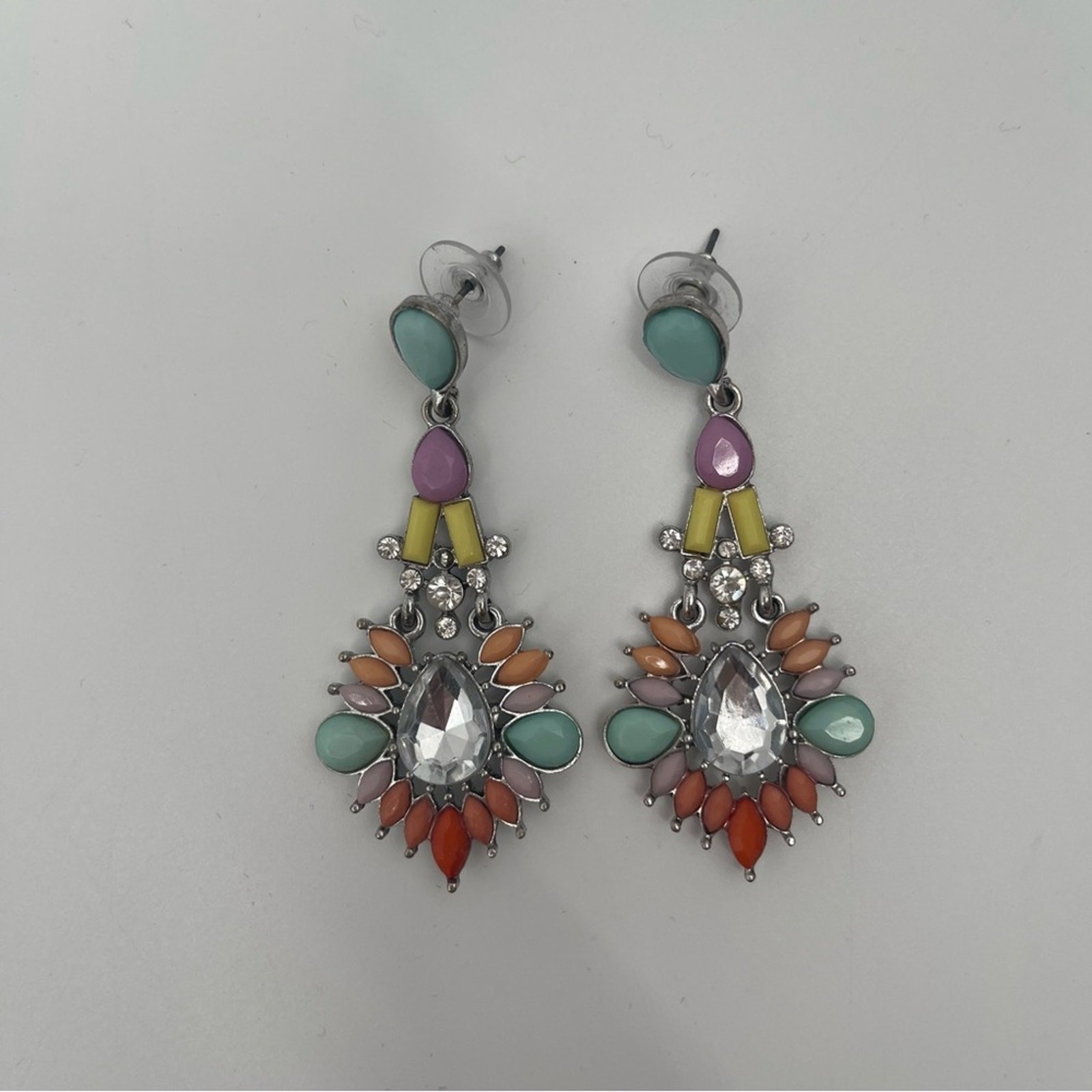 BOUTIQUE Earrings Drop Dangle Rainbow Pastel Silver Gemstone Rhinestone Cocktail