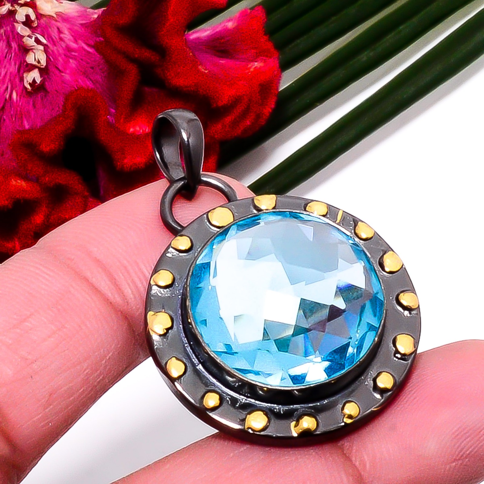 Blue Topaz Black And Gold Plated Designer 925 Sterling Silver Pendant 1.64″ Su45