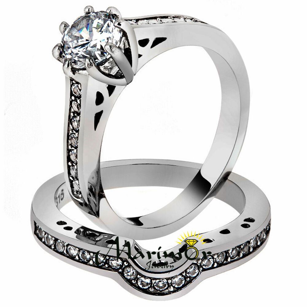 Stainless Steel 1.85Ct Cubic Zirconia 316L Wedding Ring Set Women’s Size 5-10