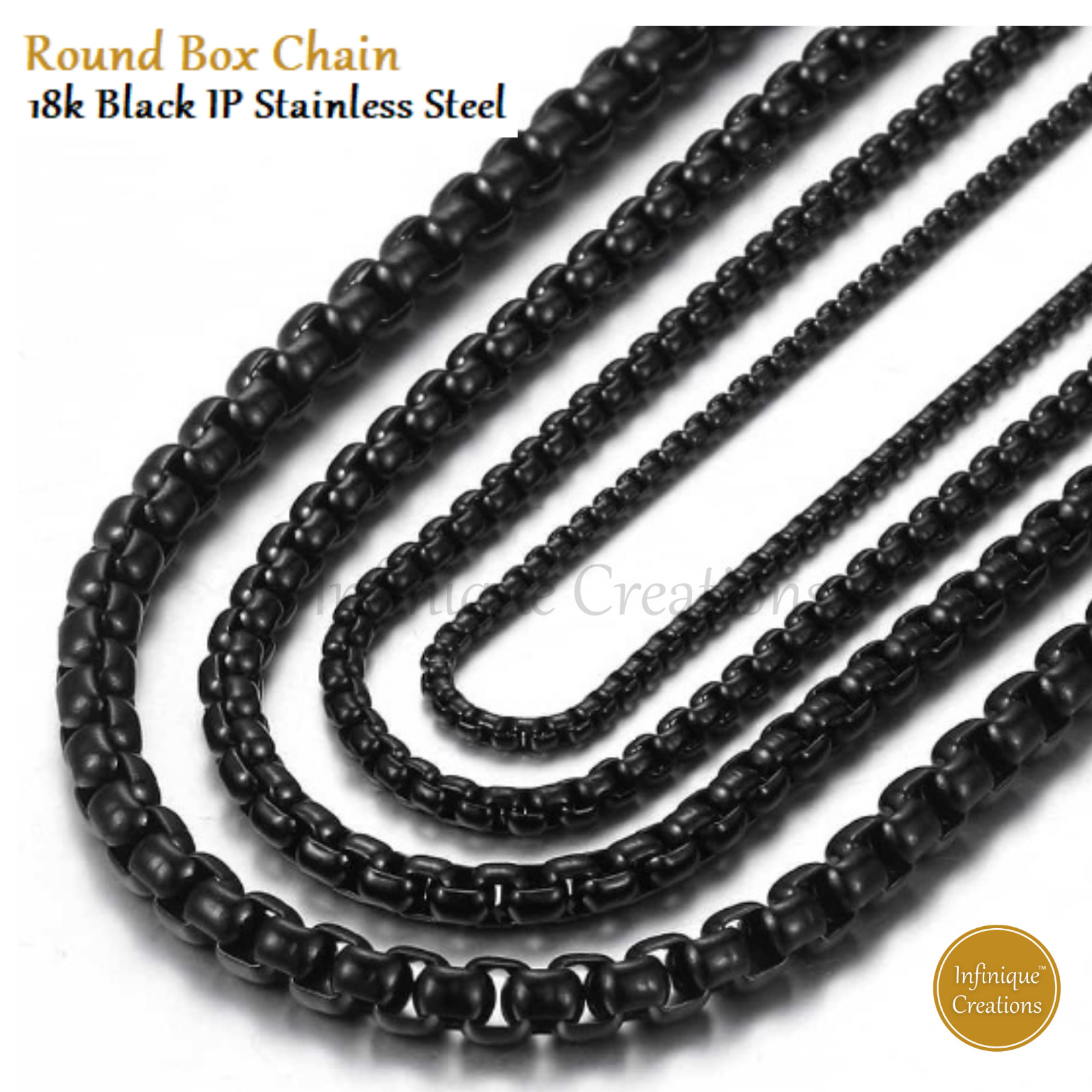 18k IP Black Plated Stainless Steel Round Box Chain Bracelet Necklace 7-38″