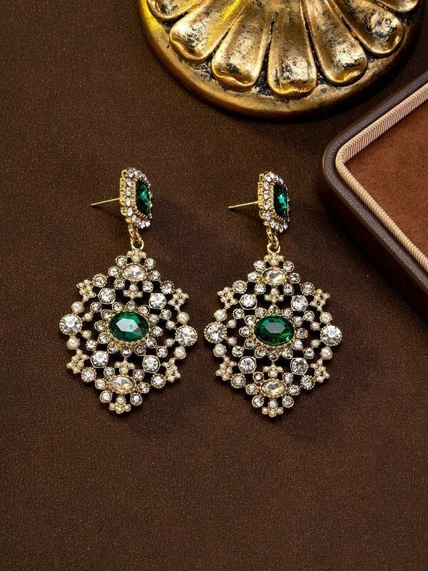 Emerald Green Crystal Pearl Necklace Earrings Set Vintage Bridal Gold Statement