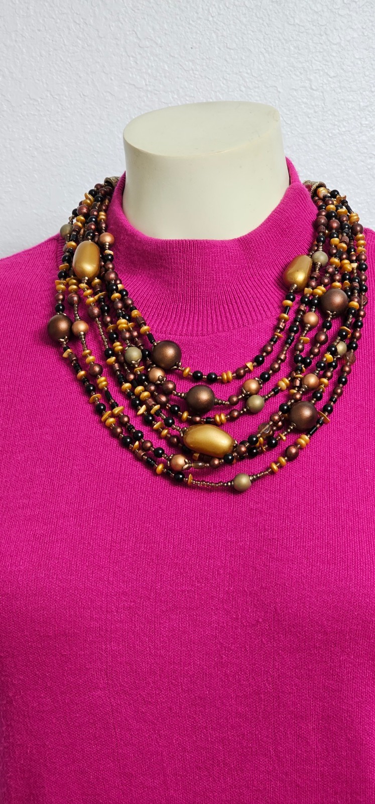 CHICOS 7 strand necklace brown gold beads 21” plus 4 1/2” chain
