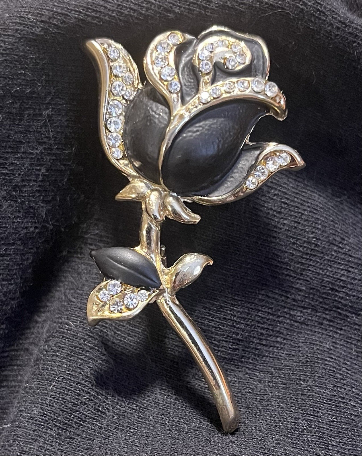 Vintage Gold Tone Black Enamel Brooch Pin with Clear Round Rhinestones