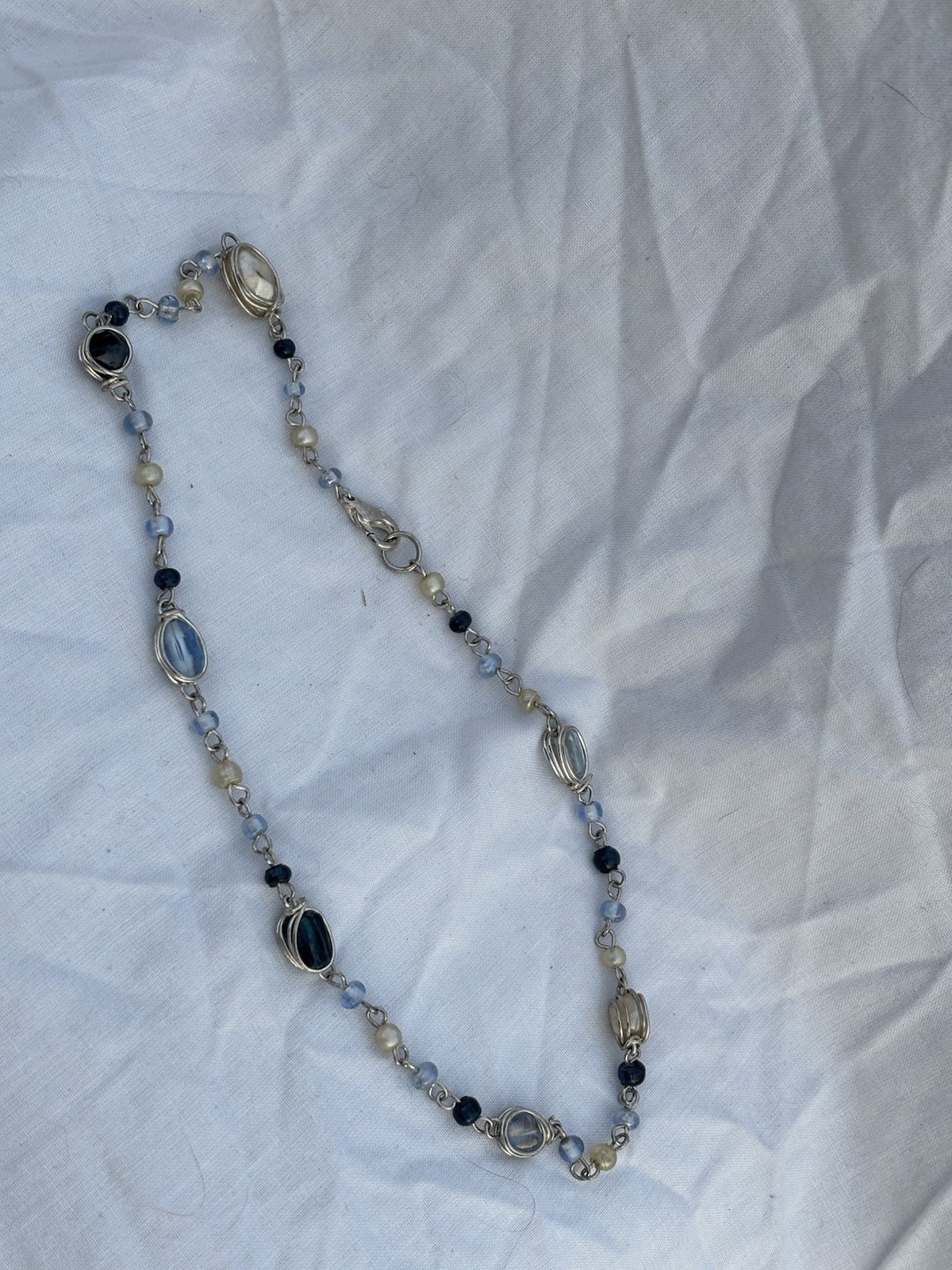 Handmade Style Blue Beaded Necklace Opalite Effect Wire Wrapped Boho Festival