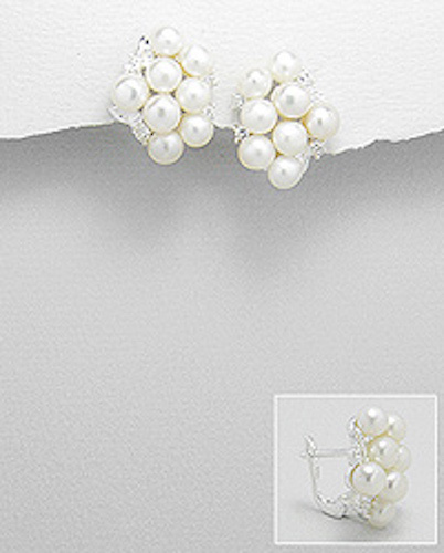 Solid Sterling Silver Cluster Pearl Dangle Earrings English Lock 19mm Long 6.5g