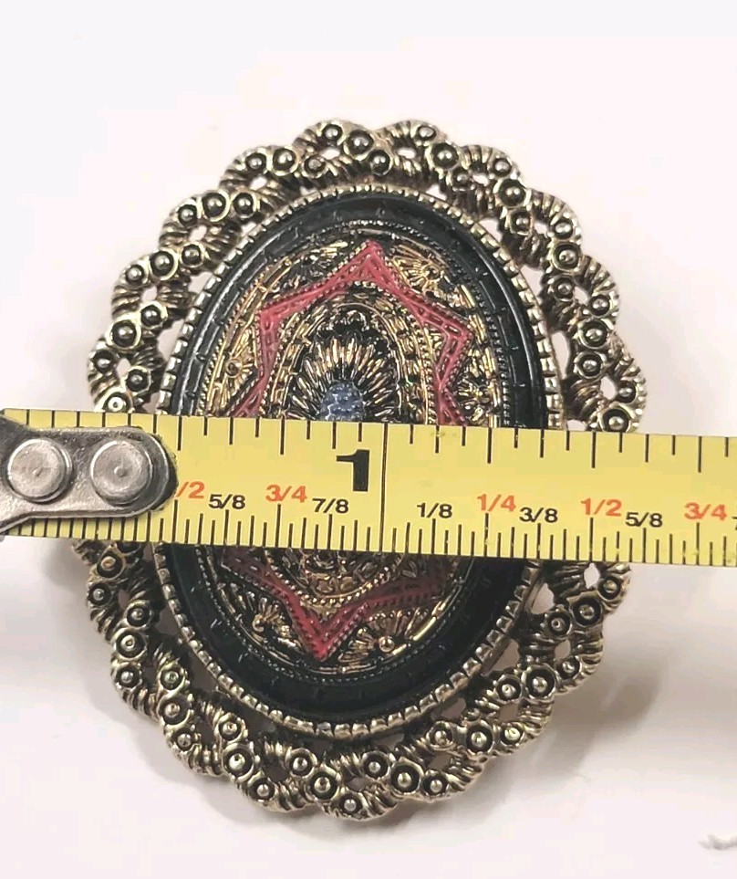 Sarah Coventry Brooch/ OR Pendant Gold Tone Red Black Enamel Oval Dome Detailed