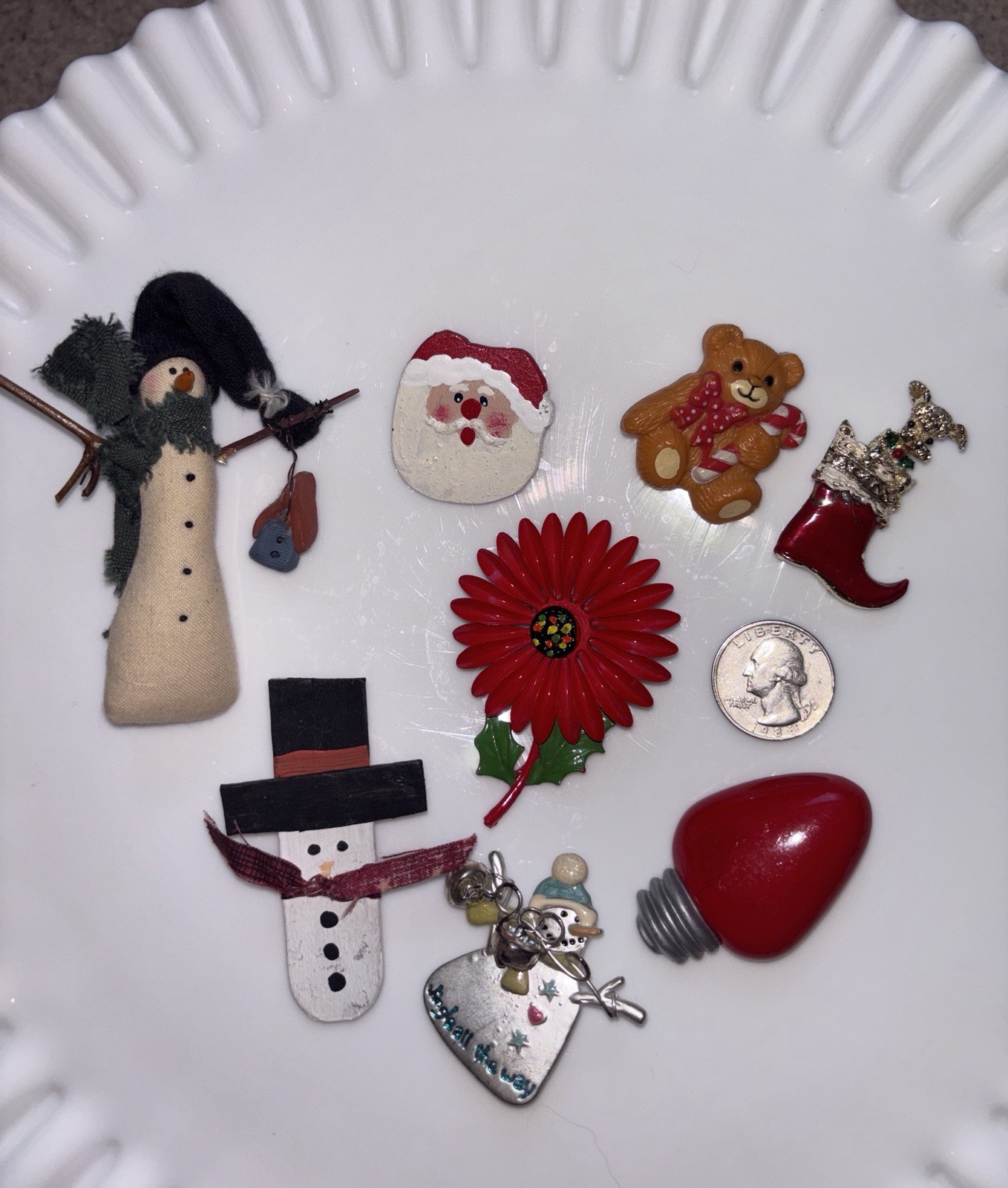 Christmas Pins Collection Lot Of 8~Enamel Wood Metal Plastic Fabric – Vintage