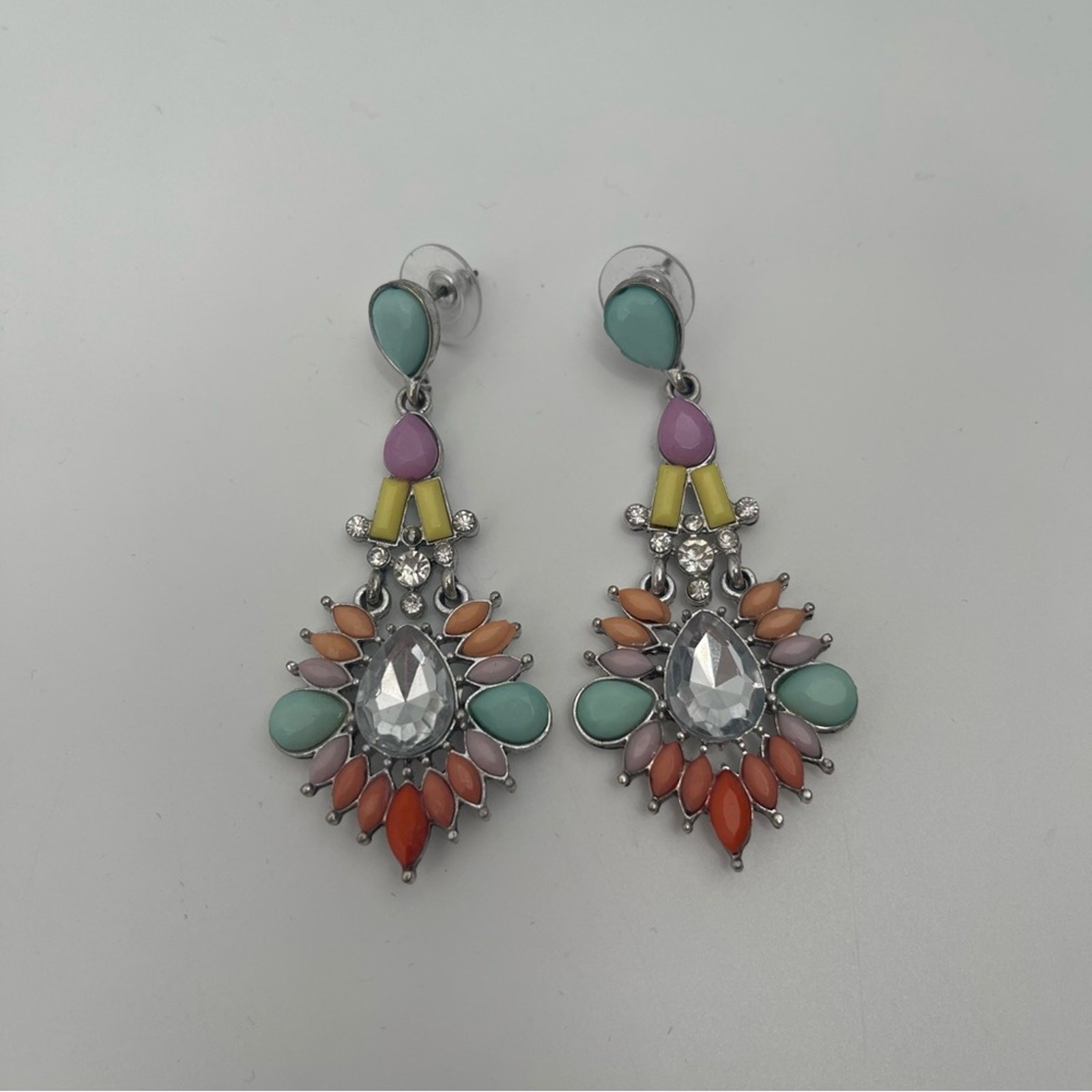 BOUTIQUE Earrings Drop Dangle Rainbow Pastel Silver Gemstone Rhinestone Cocktail