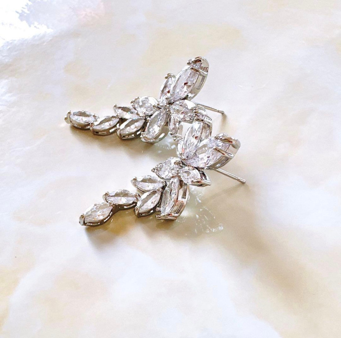 Crystal Floral Drop Earrings Bridal Wedding CZ Leaf Dangle Silver Women Jewelry