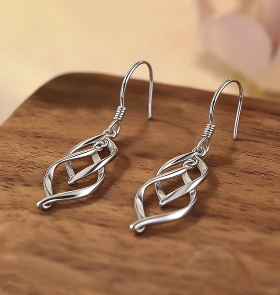 Silver Plated Alloy Lines Intertwined Twisted Leaf Shaped Dangle Drop Earrings