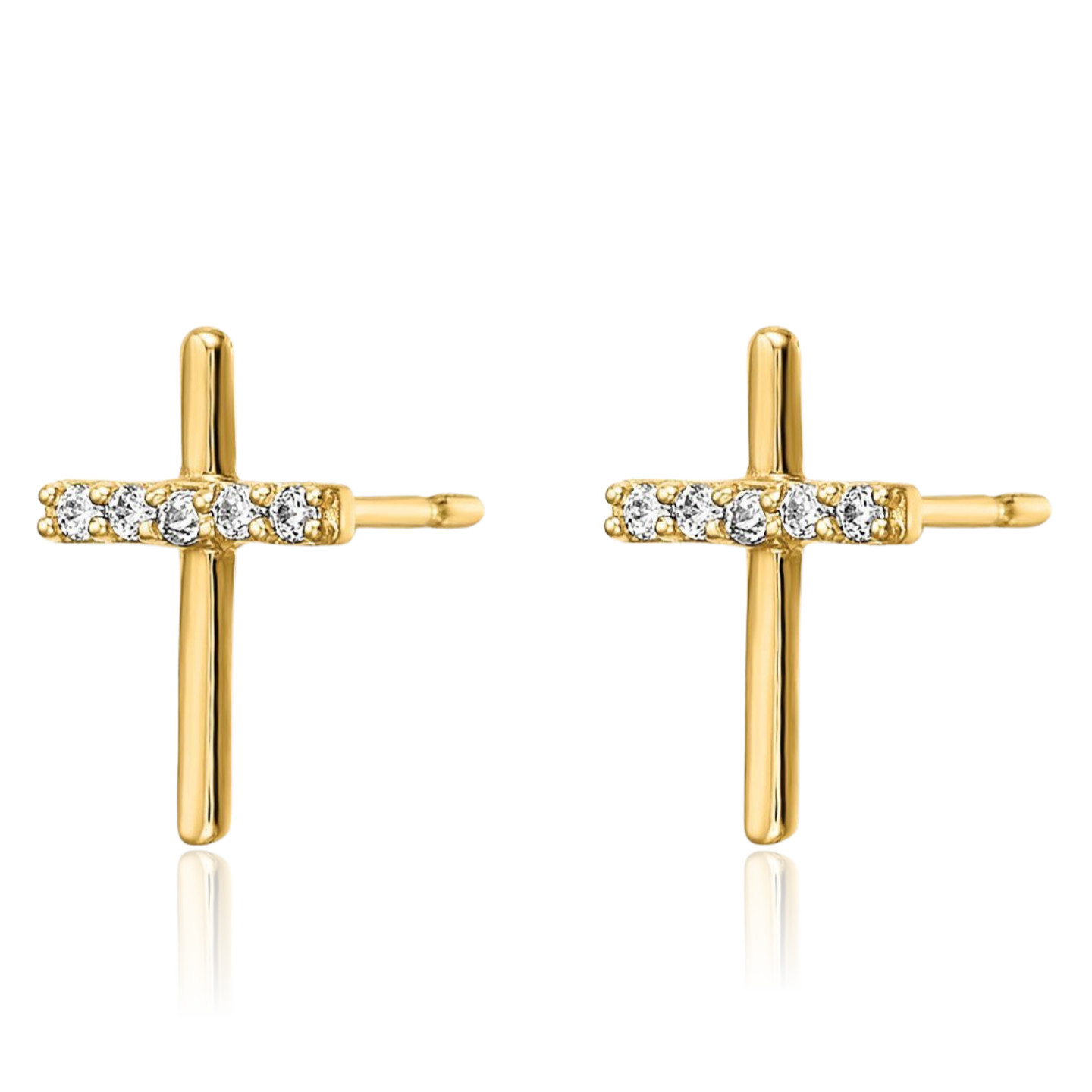 14K Solid Yellow Gold Cubic Zirconia Large Cross Stud Earrings 9.4mm 3/8 inch