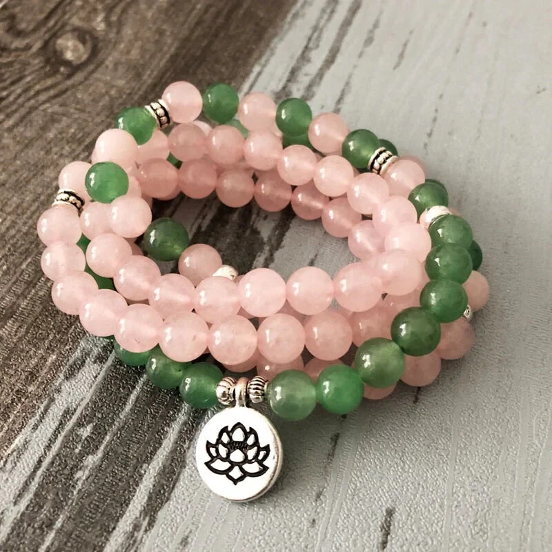 108 Beads Mala Rose Quartz Green Aventurine Healing Stone Bracelet Necklace