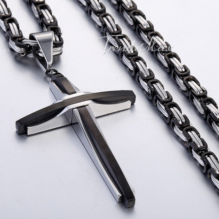 18-30″ Men Boys Black Stainless Steel Cross Pendant Necklace Byzantine Box Chain