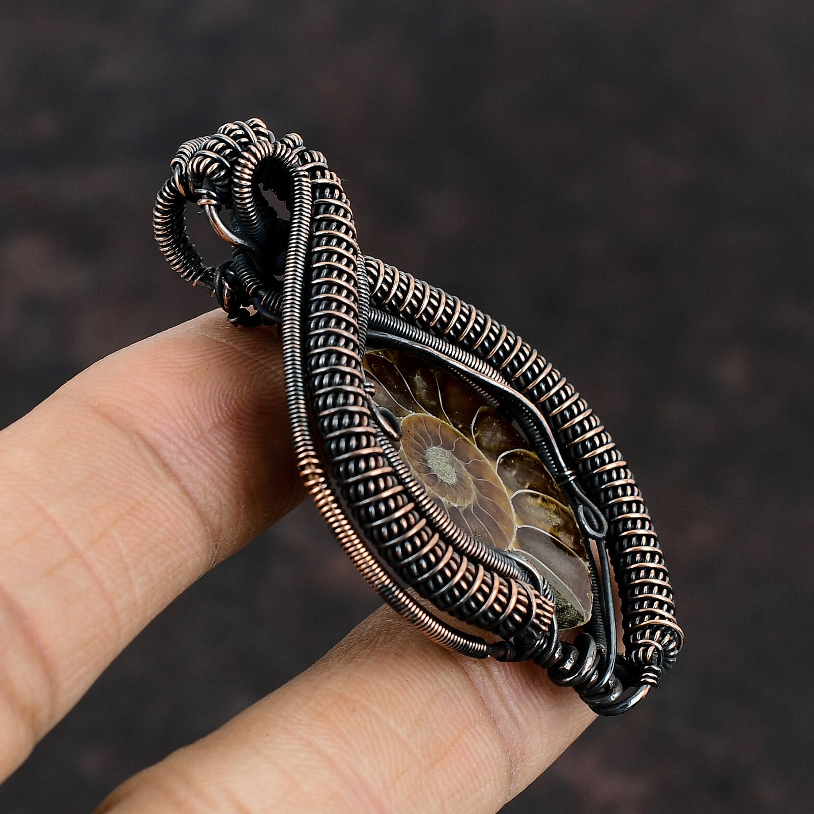 Ammonite Fossil Jewelry Copper Gift For Bridesmaid Wire Wrapped Pendant 2.36″