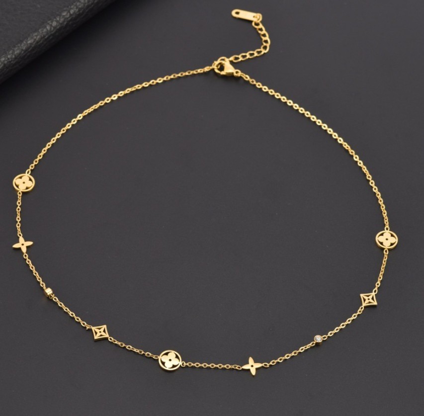 Women 14K Gold Plated Stainless Steel Flower Star CZ Station Necklace PE44