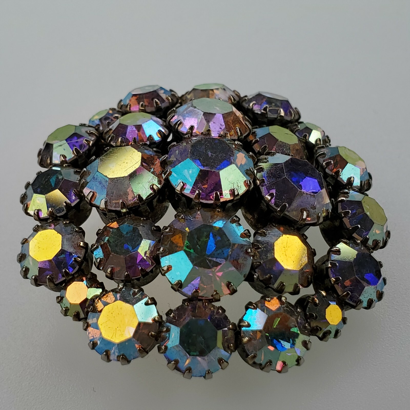 Statement Brooch Pin Areola Borealis Rhinestone Round Dome Encased Faceted