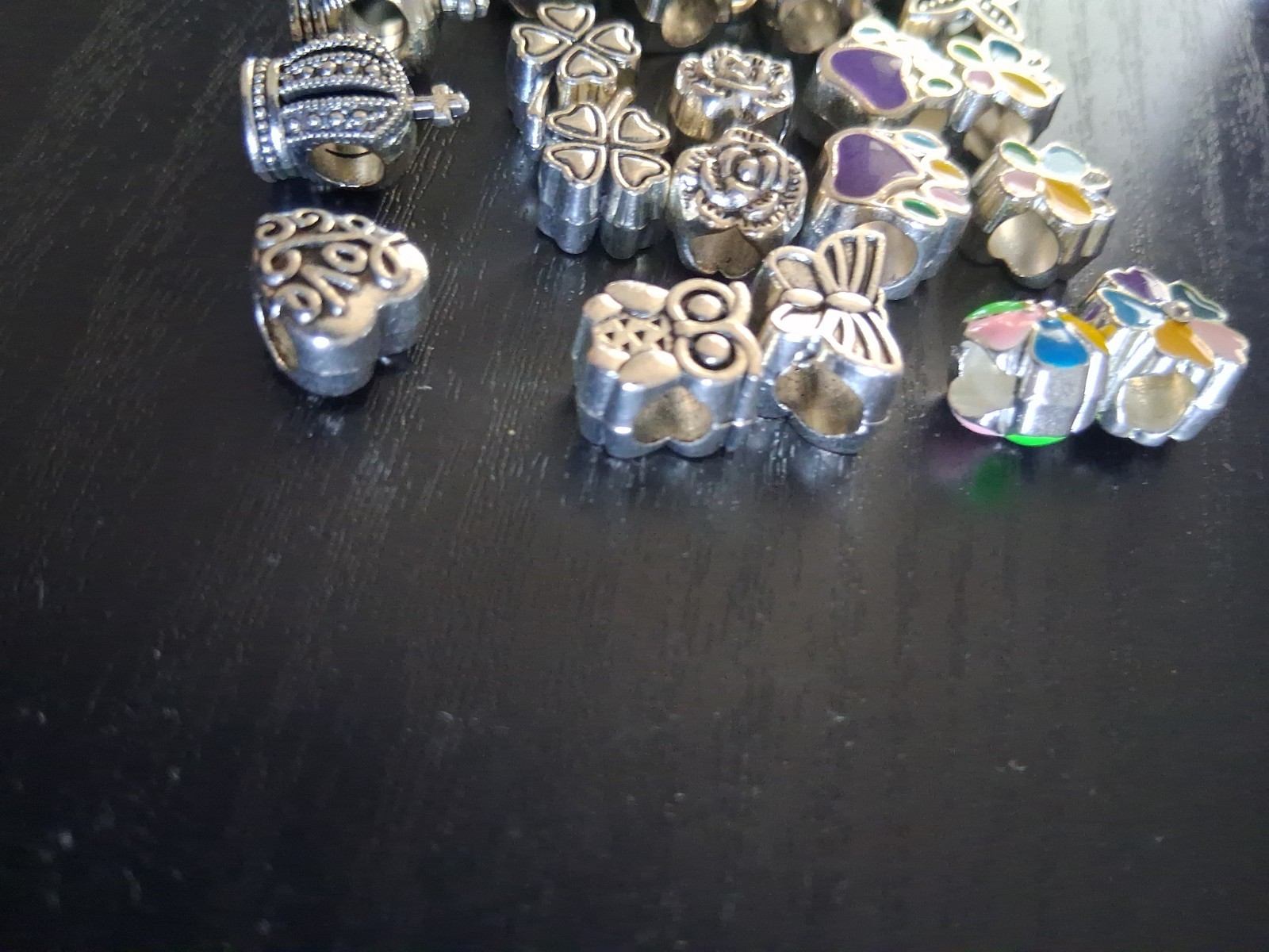 22pc Silvertone Charm Lot European Bracelet Beads Owl Crown Heart Flower Stars