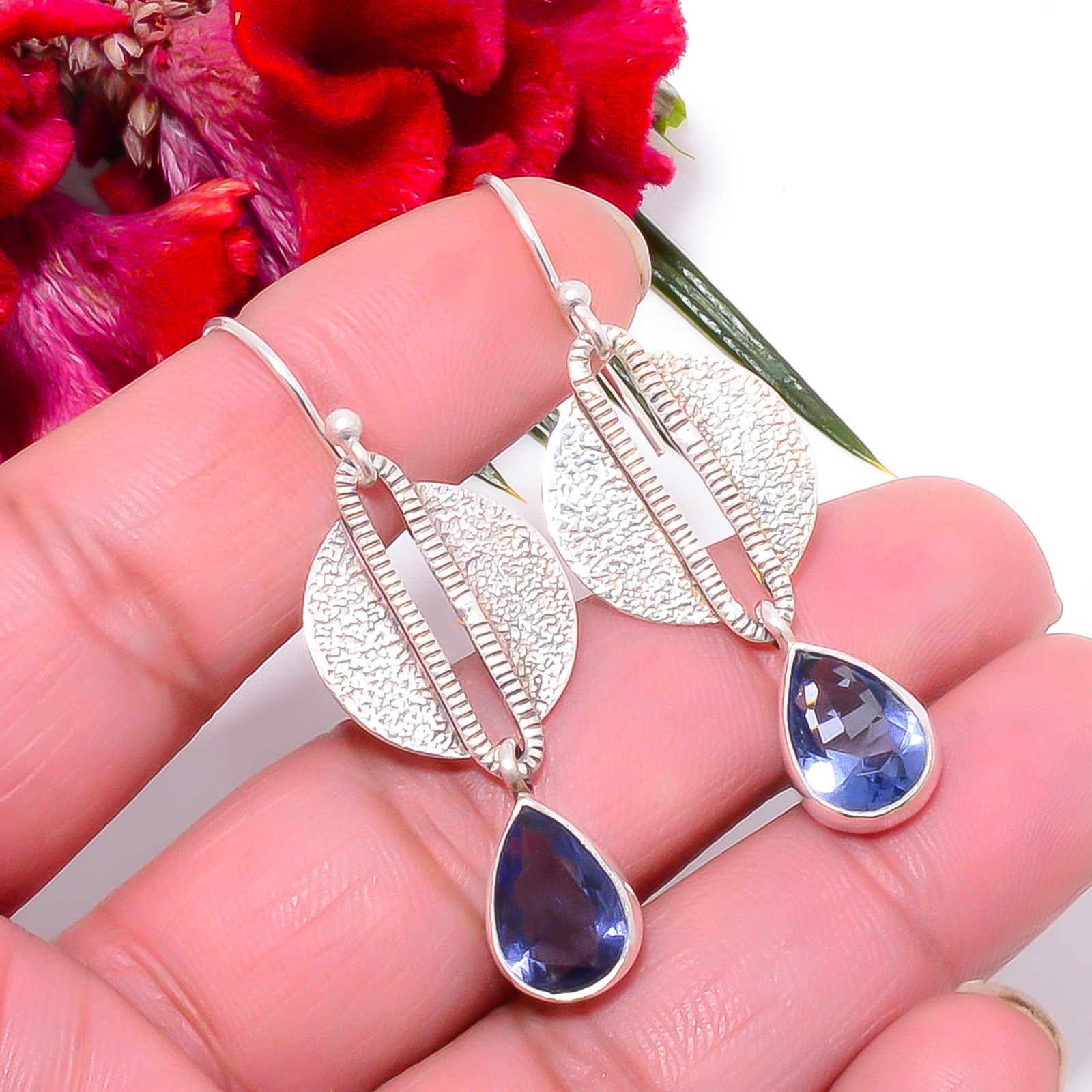 Iolite Oxidised Gemstone Designer Handmade 925 Sterling Silver Earring 1.95″ Su1