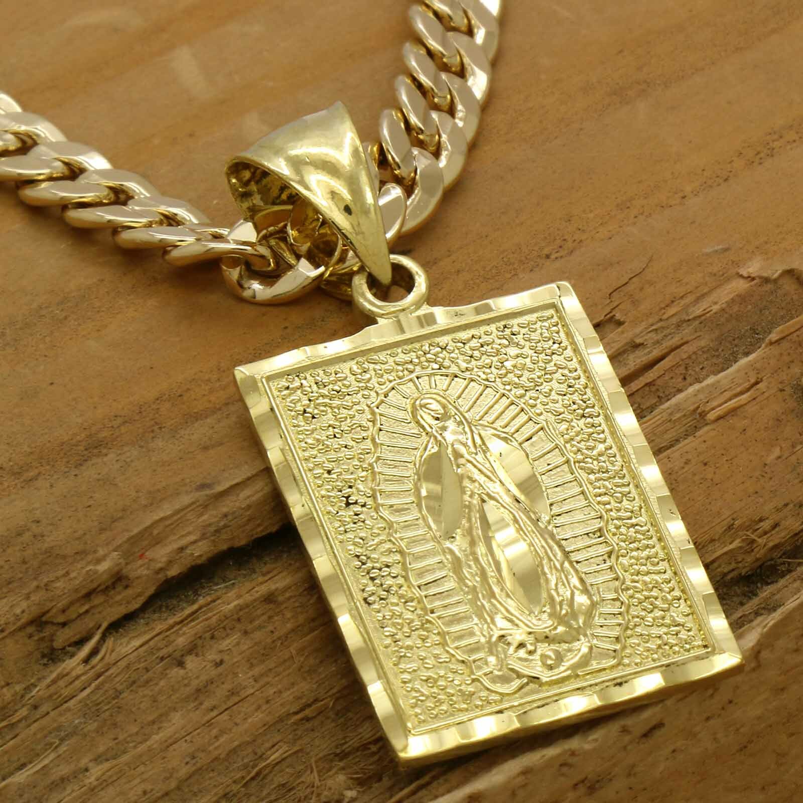 Mens 18k Gold Plated Brass Guadalupe Pendant 6mm 24″ Cuban Chain (L)