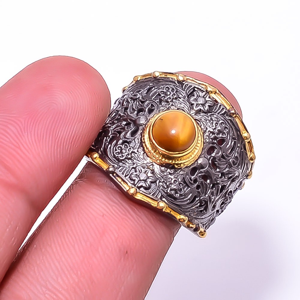 Yellow Tiger Eye Black And Gold Plated 925 Sterling Silver Ring s.9.5 Sku9