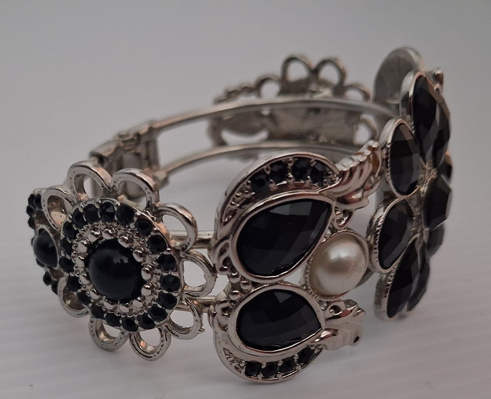 Silver Tone Black Crystal Faux Pearl Floral Statement Cuff Bracelet Wide