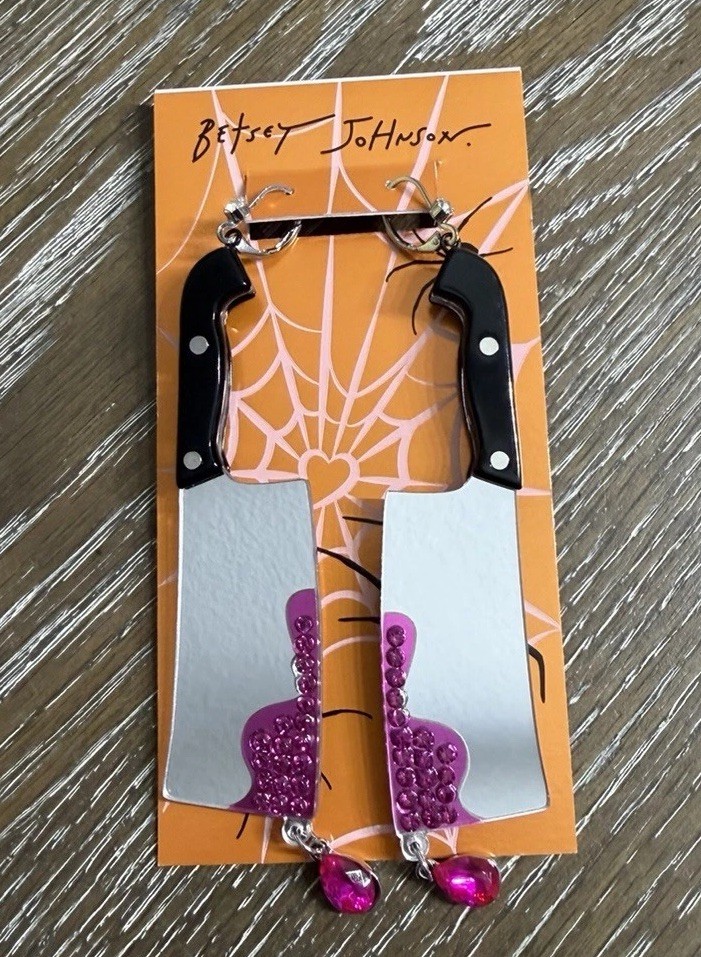 Betsey Johnson Halloween Cleaver Knife Drop Earrings Pink Crystal Rhinestone New
