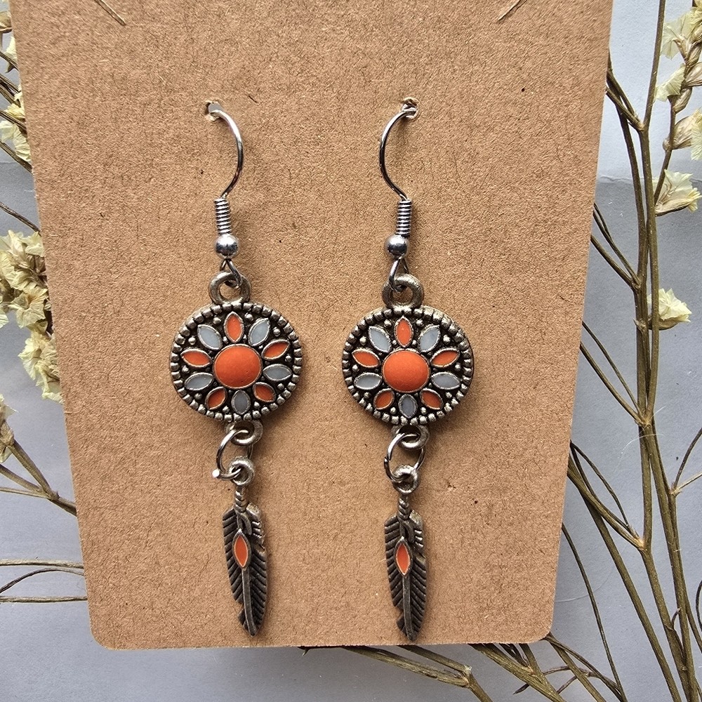 Southwestern Feather Dangle Earrings | Orange & Gray Boho Earrings | Rustic