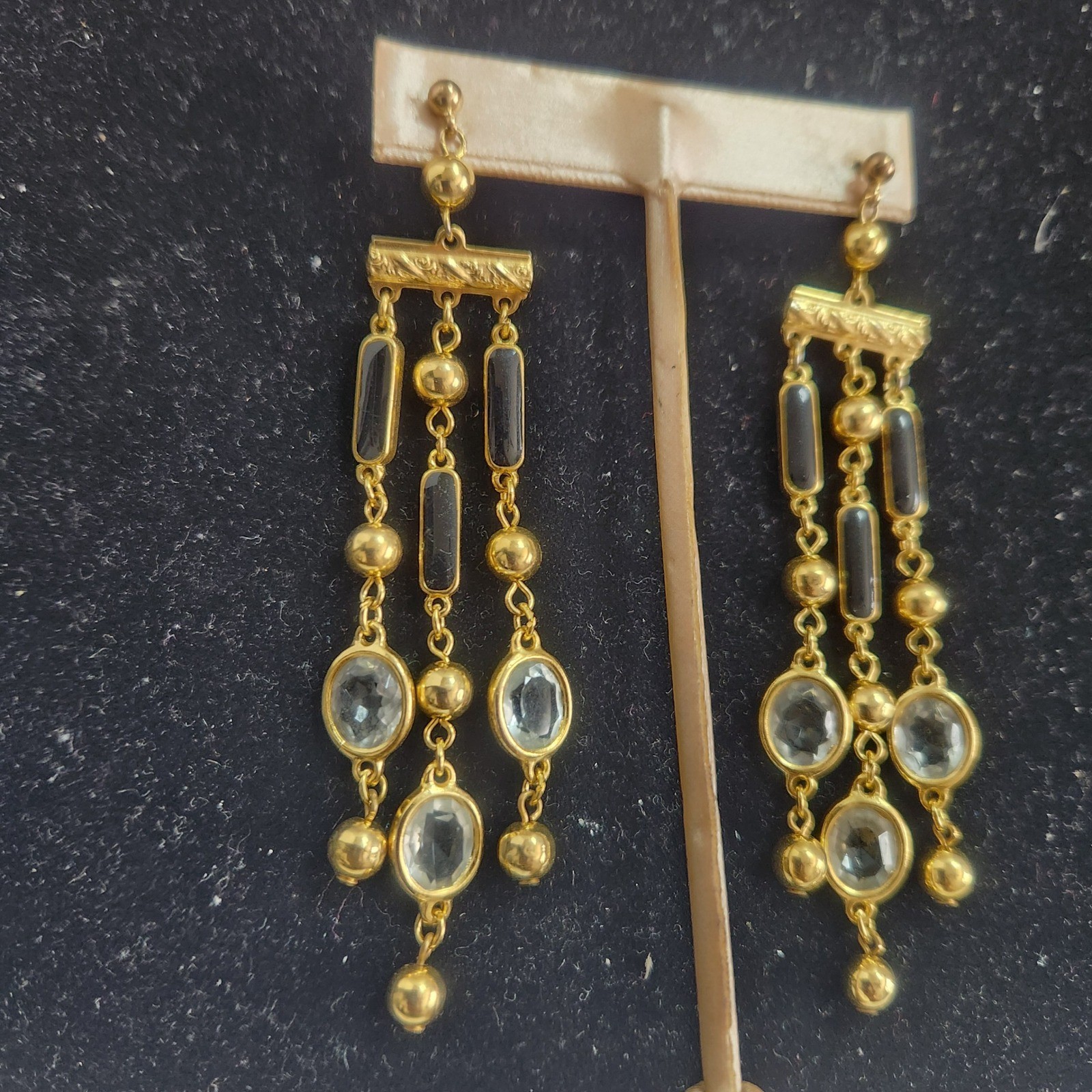 Gold Tone Black and Clear Crystal Chandelier Drop Dangle Earrings Post Back