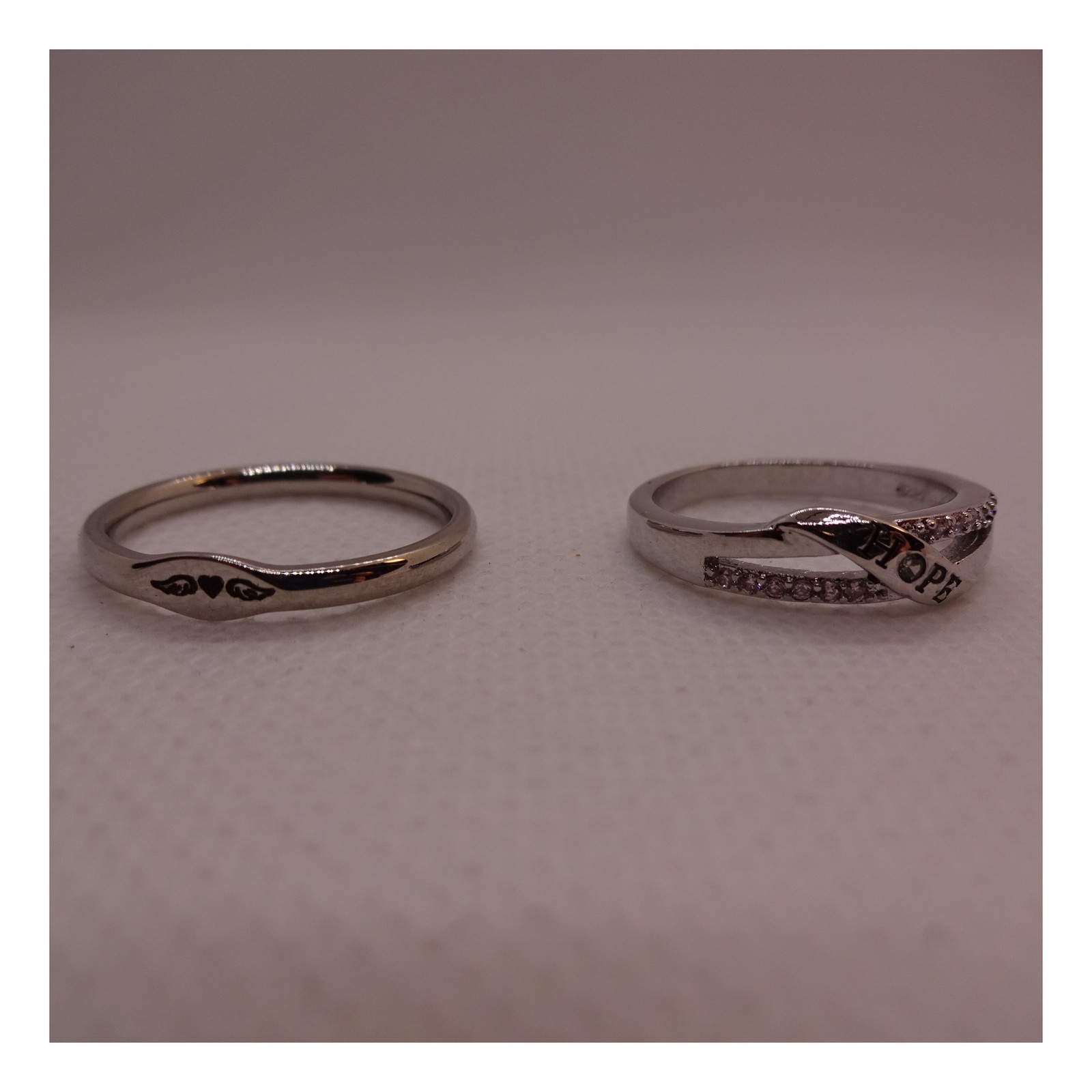 HOPE CrissCross Rhinestone Ring Size 5 &WingedHeart Band Ring Size 7 Silver Tone