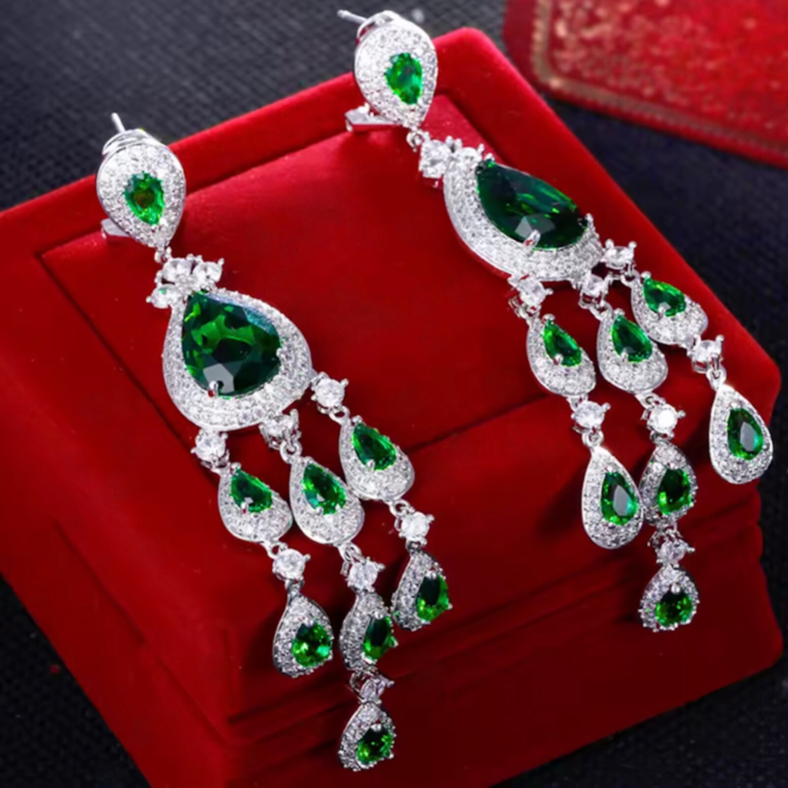 18k Platinum Plated Lab-Created Green Emerald & Diamond Long Chandelier Earrings