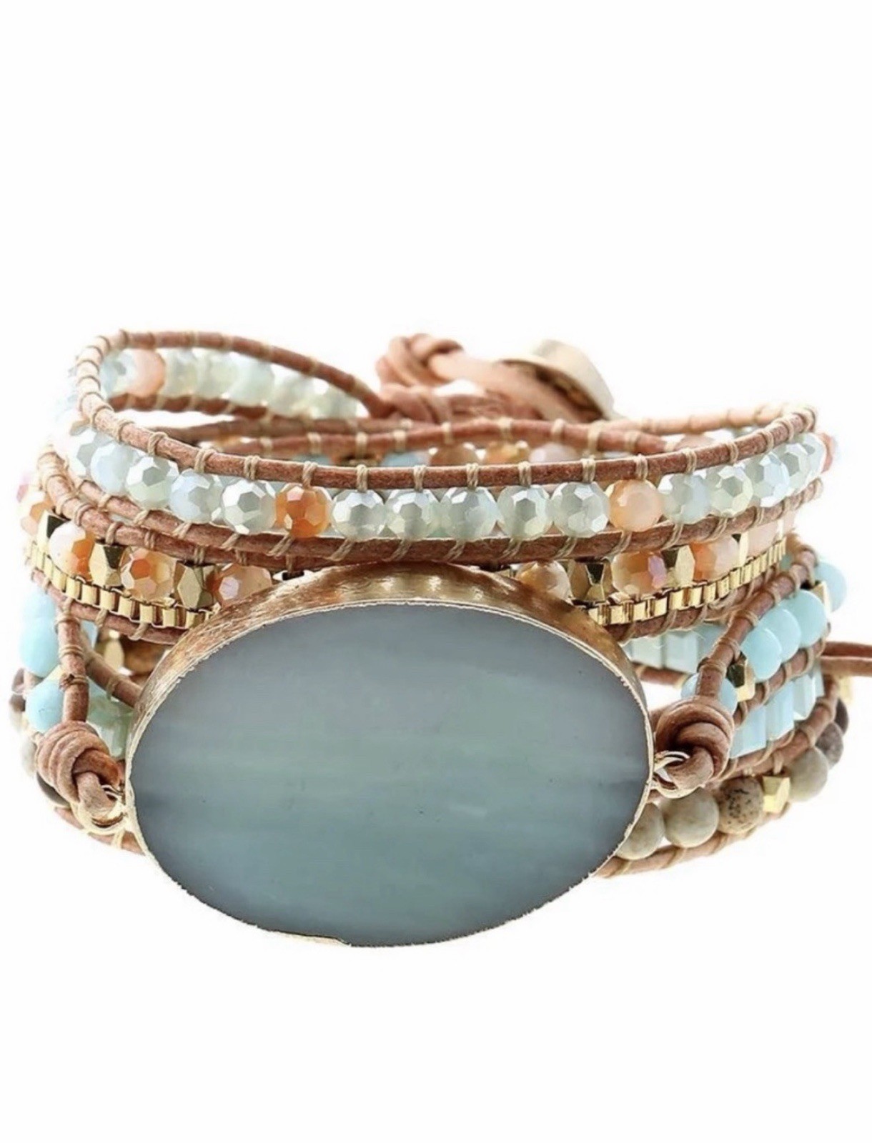 Plumiss Amazonite Natural Gemstone Crystal Leather Beaded Boho Wrap Bracelet