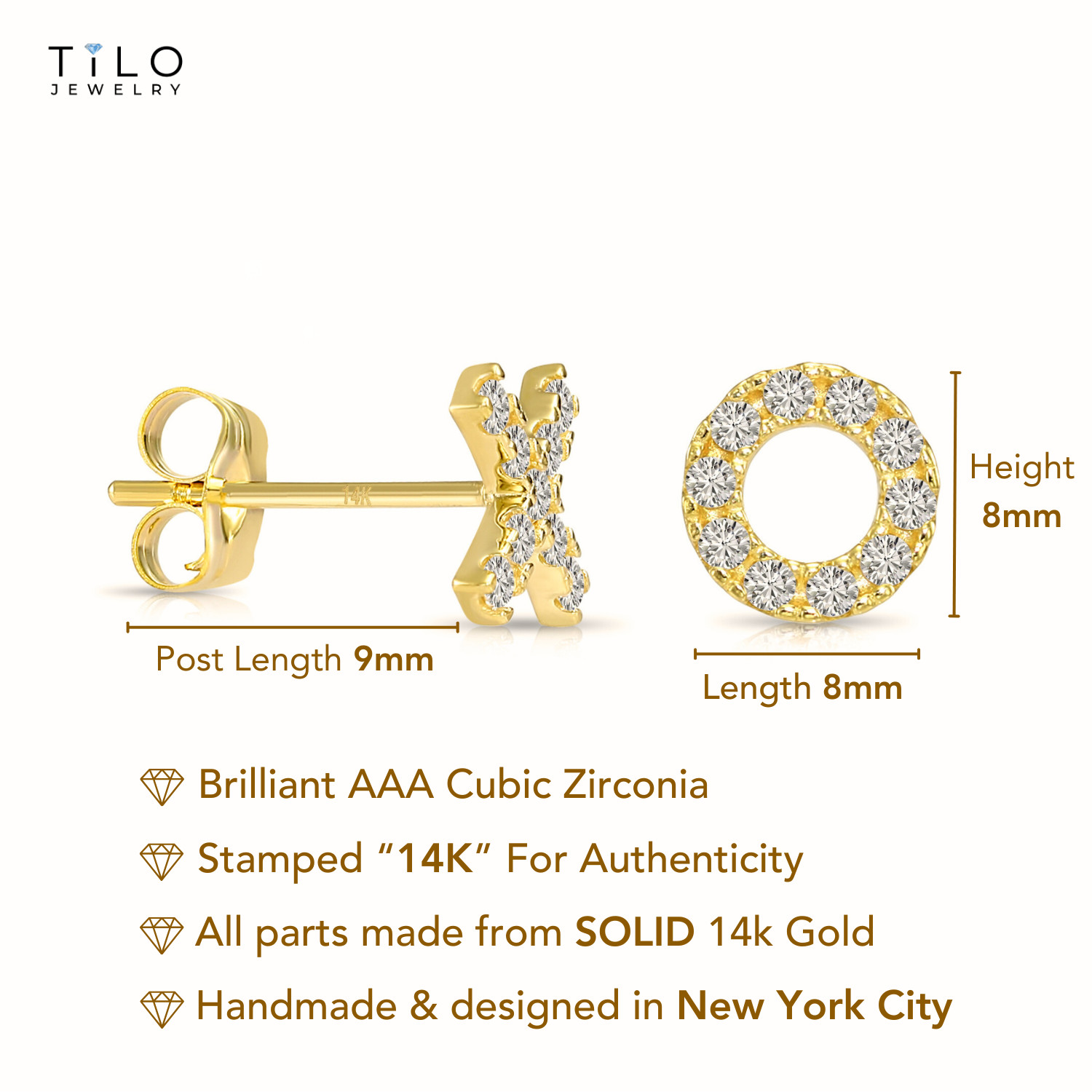 14K Real Solid Yellow Gold Dainty Pave XO CZ Sleeper Stud Earrings Push-back