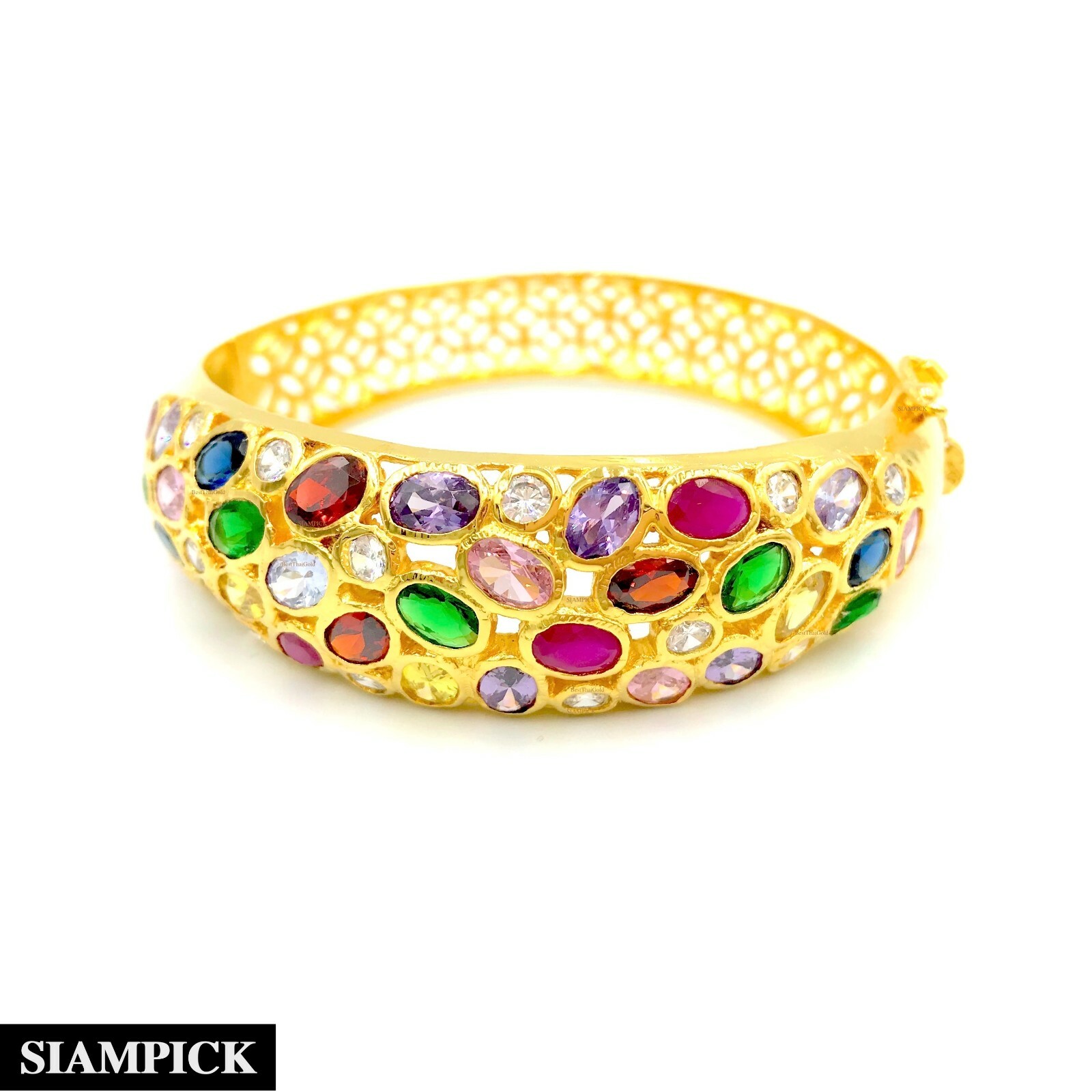 Multi Color CZ Gold Bangle Baht Chain 24K Yellow Gold Plated Gift for Mom Women