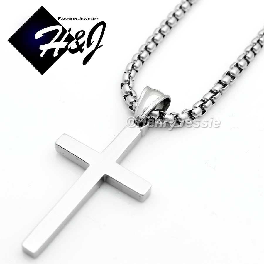 16-36″MEN Stainless Steel 2/3/4mm Silver Smooth Box Link Chain Cross Pendant*SP