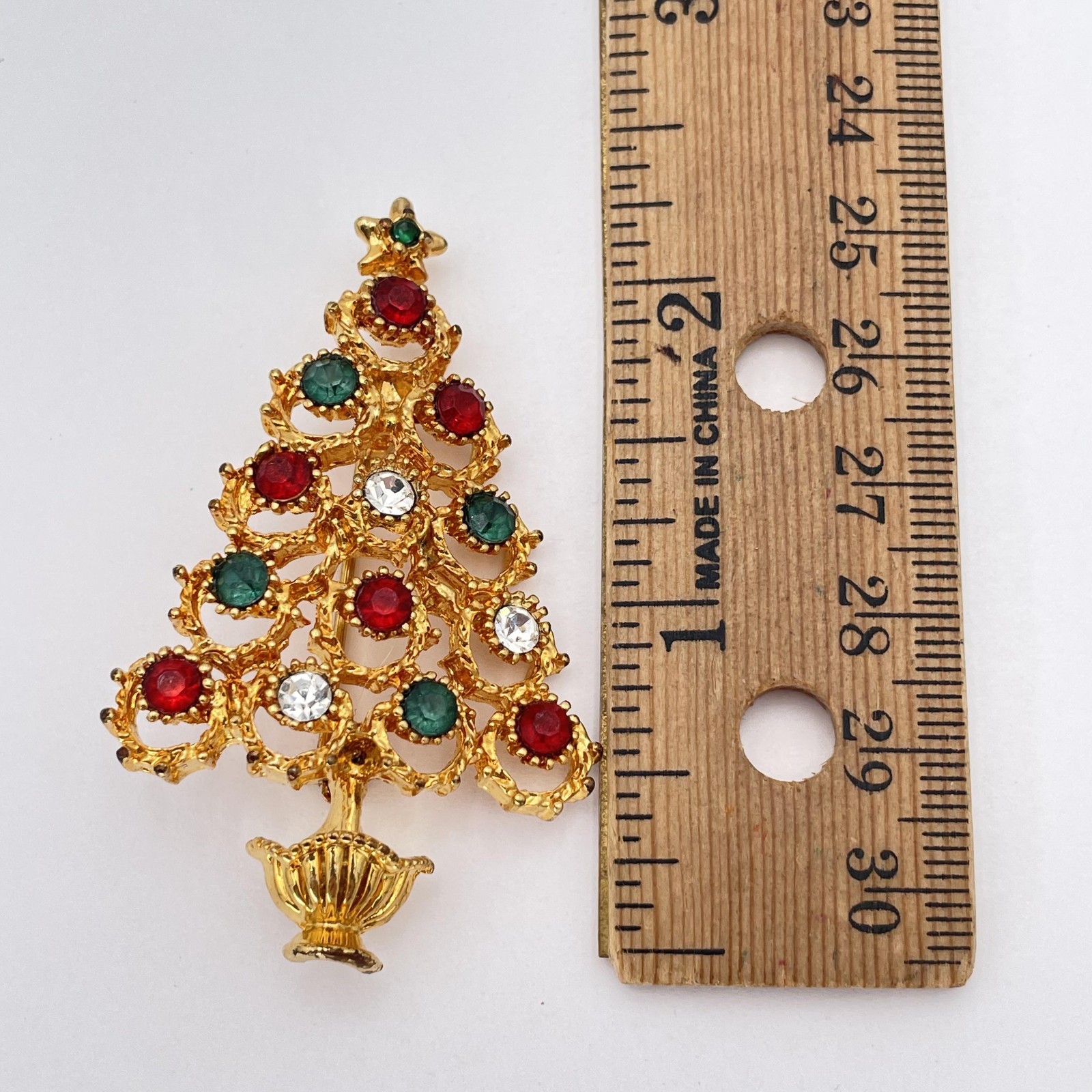 Christopher Radko Christmas Tree Brooch Pin Gold Tone Red Green Clear Rhinestone