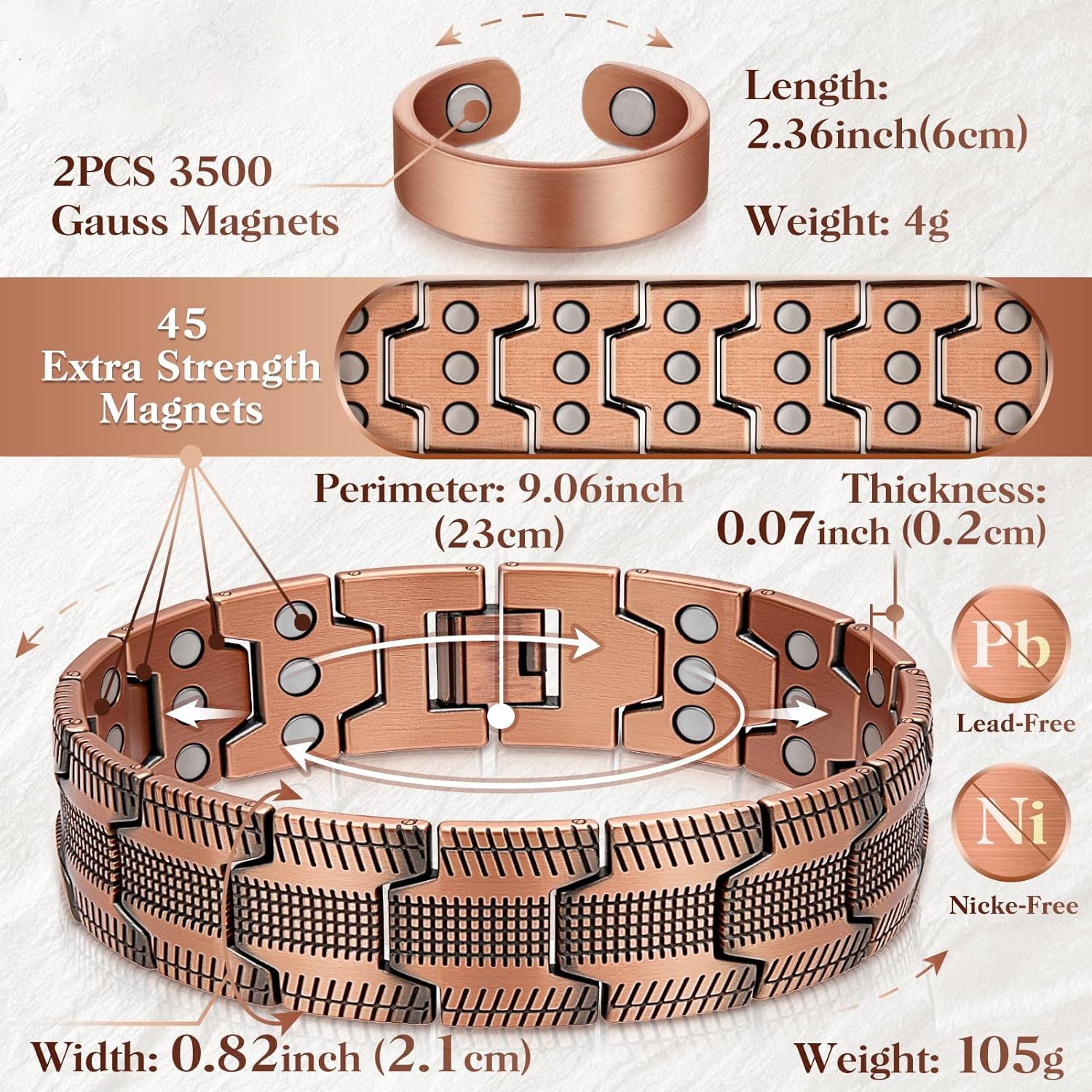 99% Copper Magnetic Bracelet+Ring 3X Arthritis Relief Adjustable w/ Tool & Box