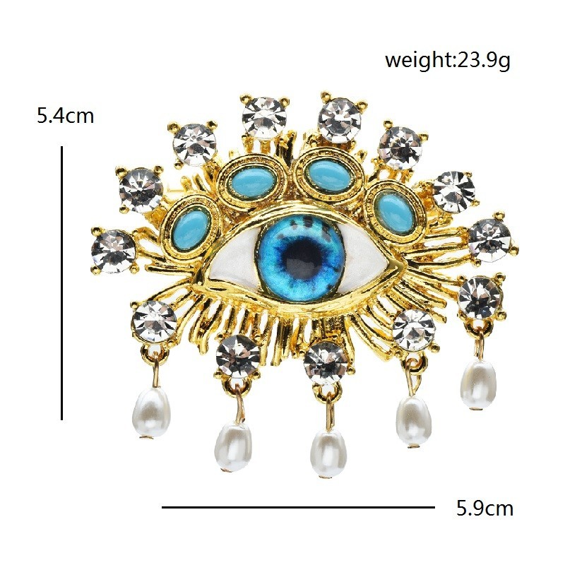 2pcs Evil Eye Brooch Gold Tone Rhinestone Pearl Dangle Statement Lapel Pin