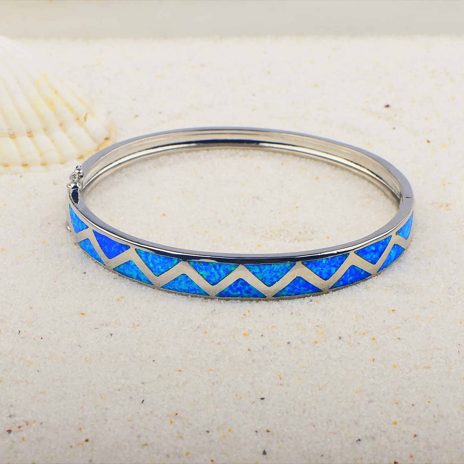 Hawaii Blue Opal Waves Cuff Bangles 925 Sterling Sliver Jewelry For Women Girls