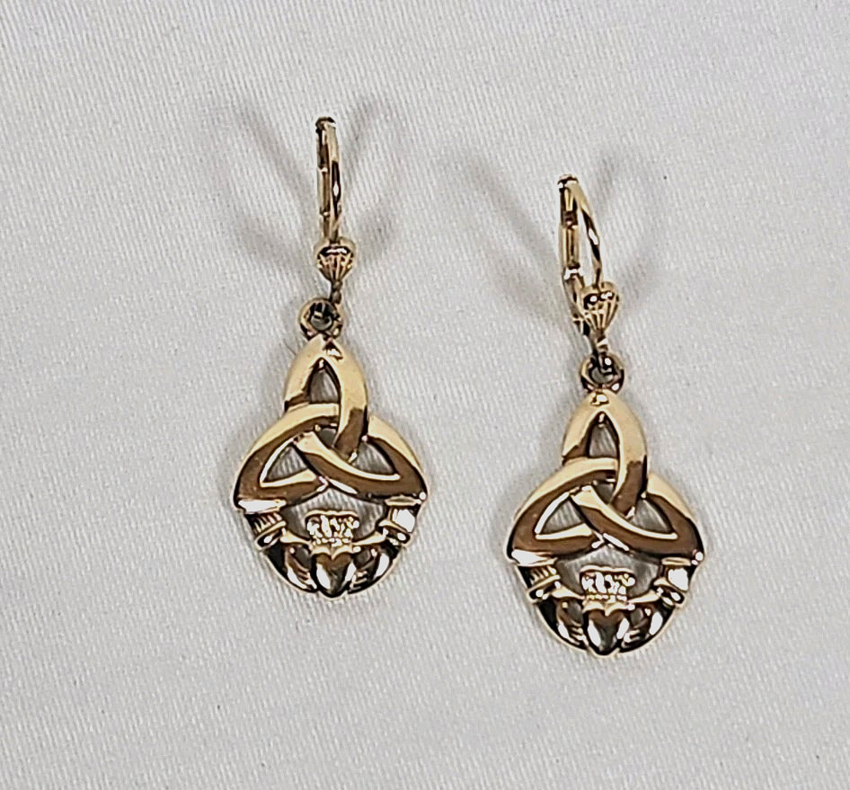 Triquetra Claddagh Earrings Celtic Dangle Drops Pierced Gold tone Signed Soldor