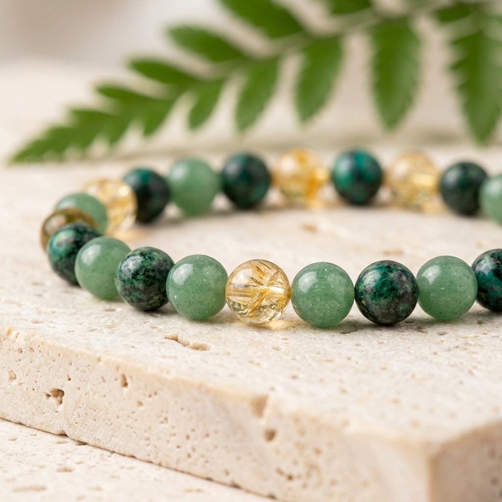 Triple Prosperity 4mm Bracelet Green Aventurine African Turquoise Yellow Quartz