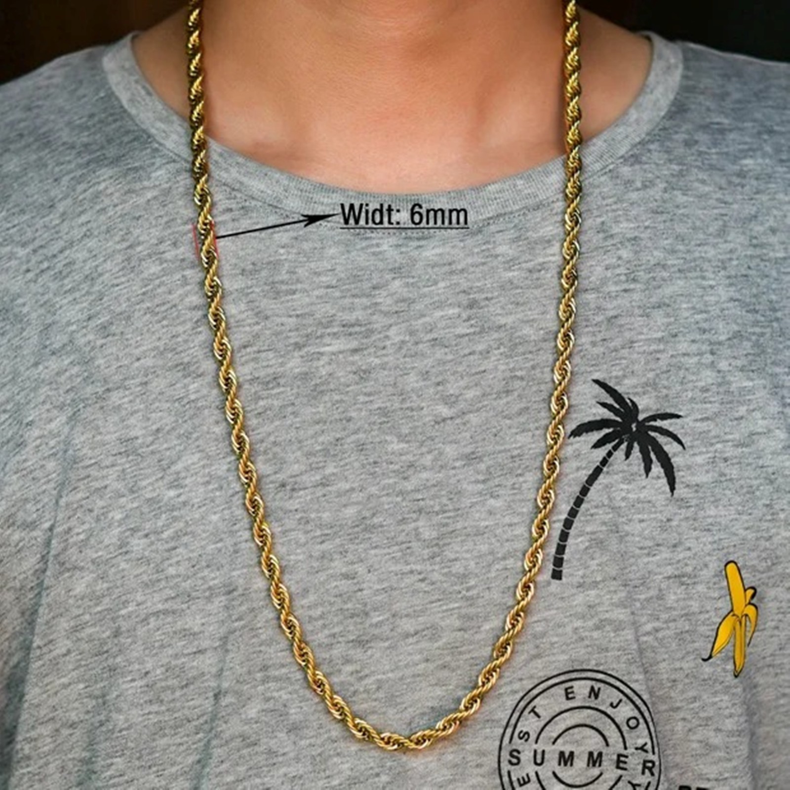 Rope chain necklace for men and women, stainless steel, 16/ 30 in, 2/3/4/5/6mm