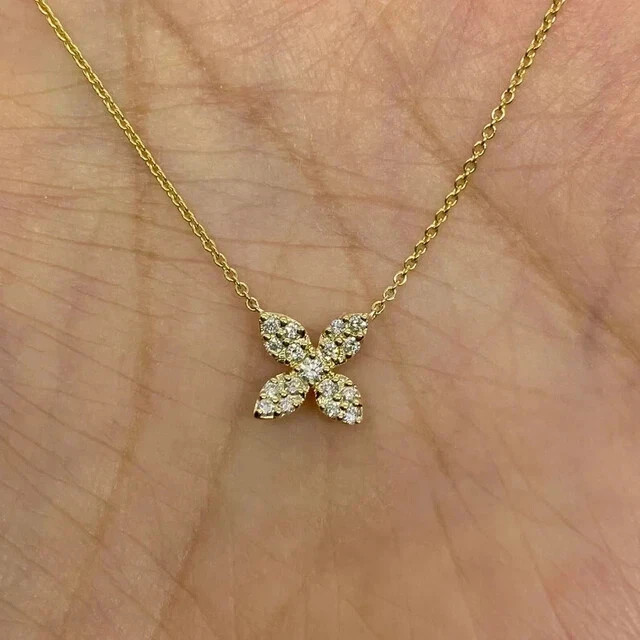 1Ct Round Cut Simulated Flower Fancy Pendant 14K Yellow Gold Plated Chain 18”