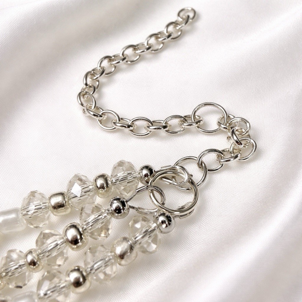 Reimagined Glass & AB Crystal Bead Bracelet Silver Tone Adjustable 6–8”