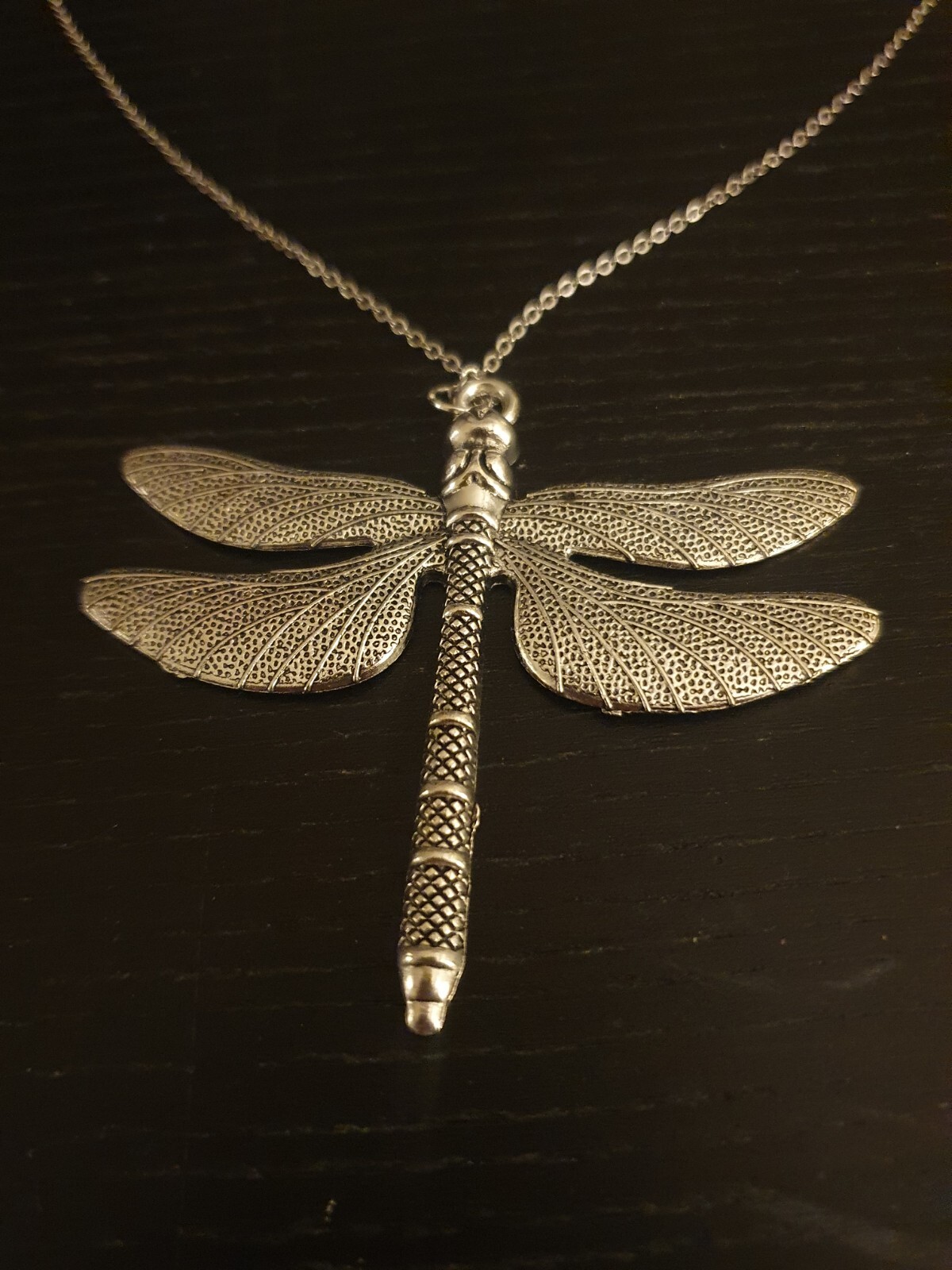 Large Dragonfly Pendant Necklace Silver tone 22 in