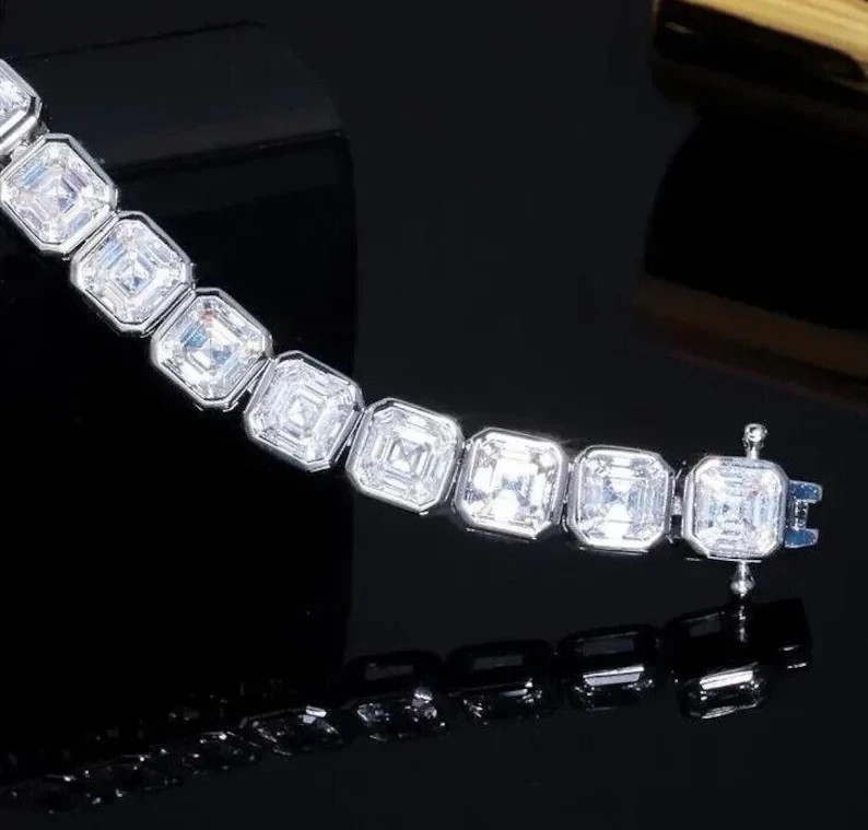 Bezel Treated Diamond Asscher Cut White Tennis Bracelet In 925 Silver
