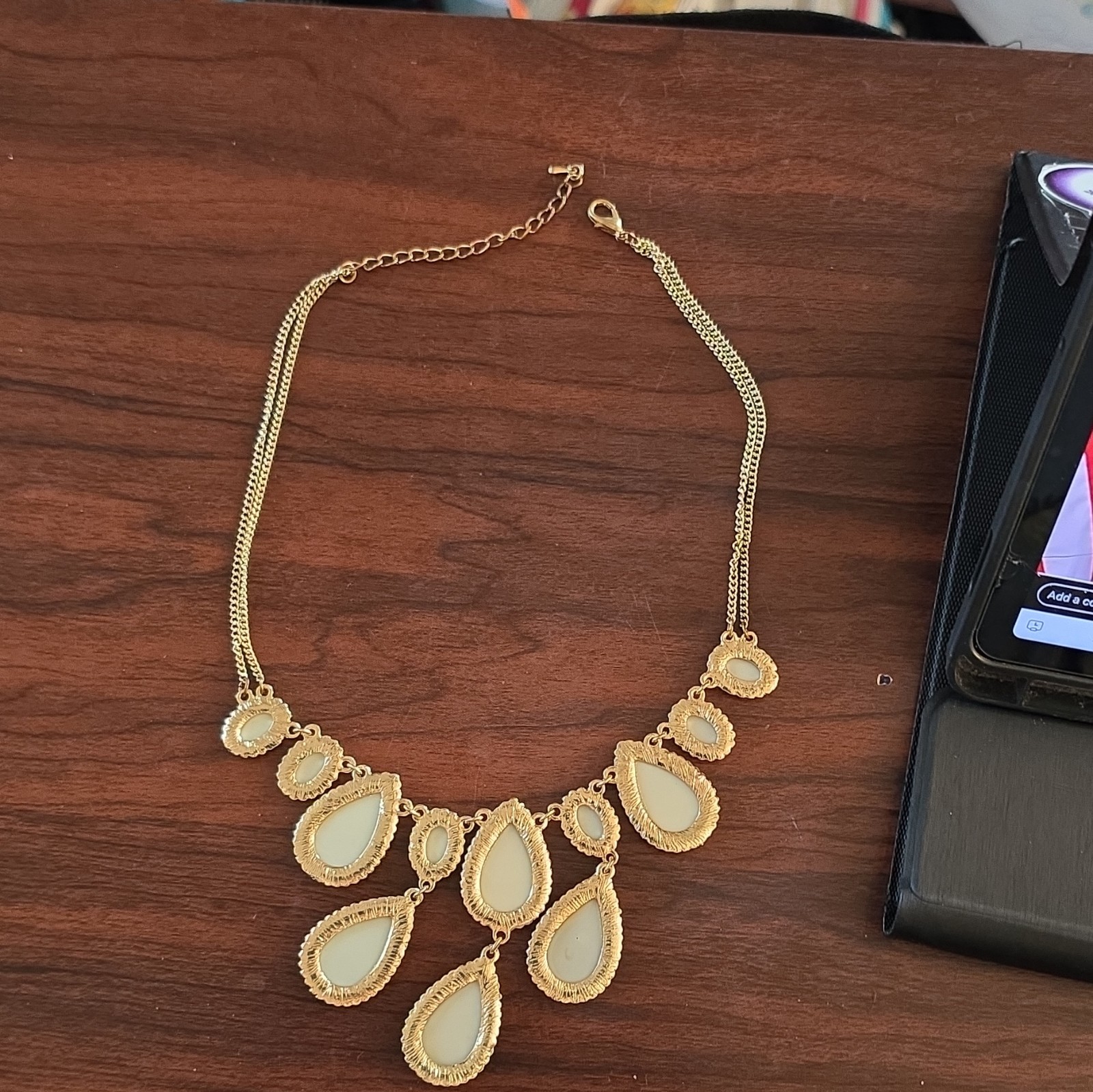 Gold Tone Yellow Teardrop Bib Statement Necklace, Adjustable Cable Chain Lobste