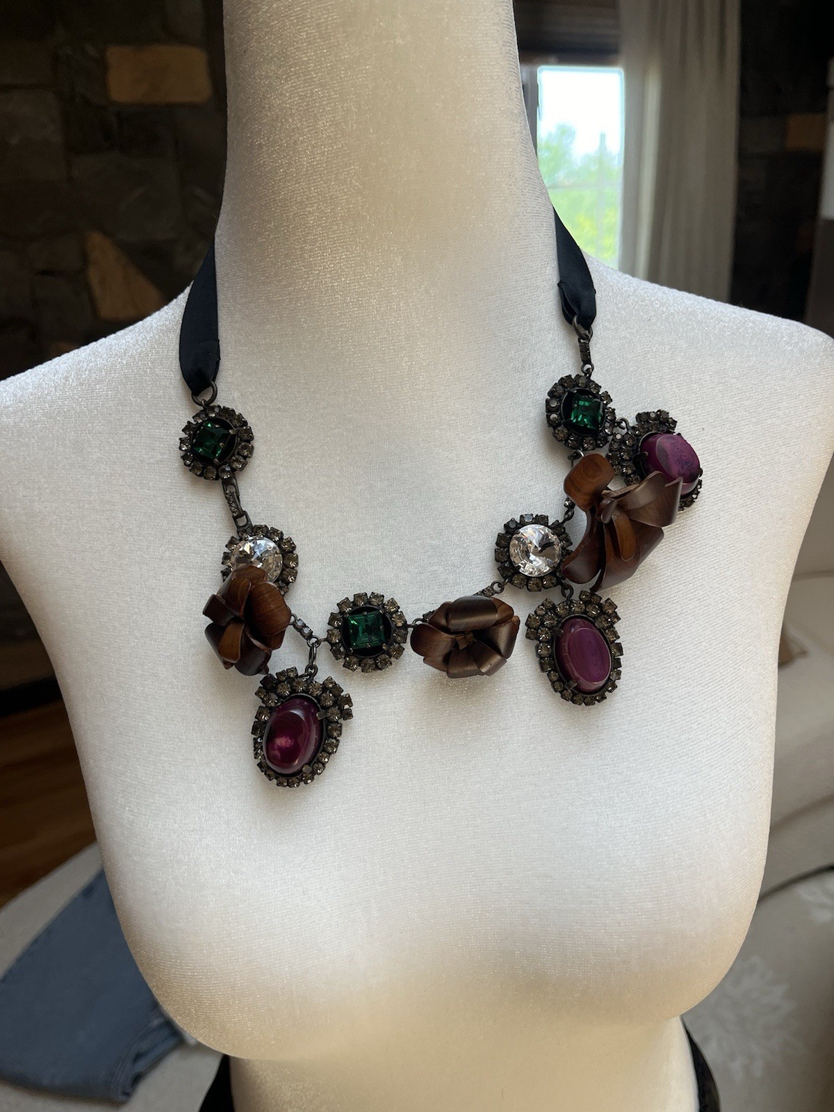 Marni Statement– Crystal, Resin & Satin Ribbon Tie Necklace Rare Barney’s