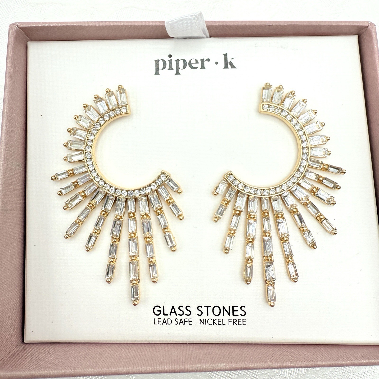 Piper K Large Glass Stone C-Shaped Starburst Fan Wing NIB Earrings