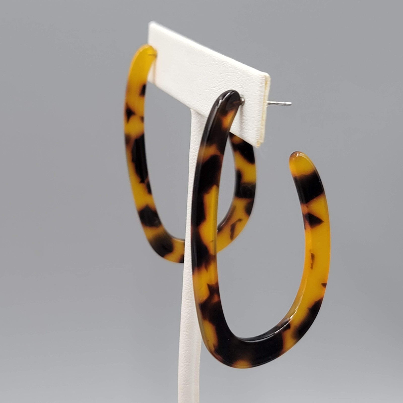 Acrylic Faux Tortoise Shell Hoops Pierced Earrings Oval Long 2 1/8 in