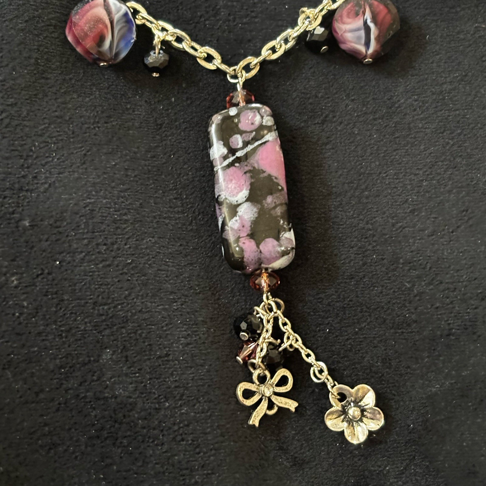 Silver Tone Necklace Purple Black Art Glass Beads Dangle Statement